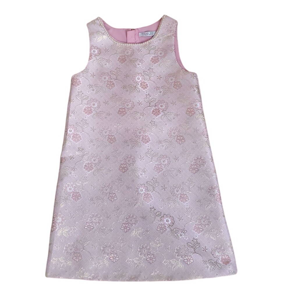 Rachel Zoe Pink/Gold Brocade Dress with Pearl Neckline Lined Size 7? READ SIZE